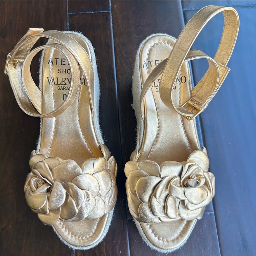 Valentino Garavani Gold Floral Wedge Sandals